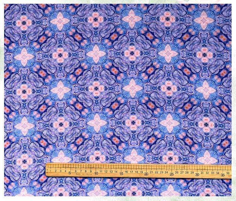 Blue Pink Geometric Floral Print Cotton Fabric, Ornamental Botanical Textile for Dresses, Quilting, Bags, Crafts and Sewing (59 inch)
