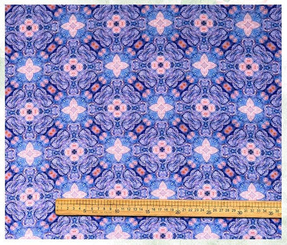 Blue Pink Geometric Floral Print Cotton Fabric, Ornamental Botanical Textile for Dresses, Quilting, Bags, Crafts and Sewing (59 inch)