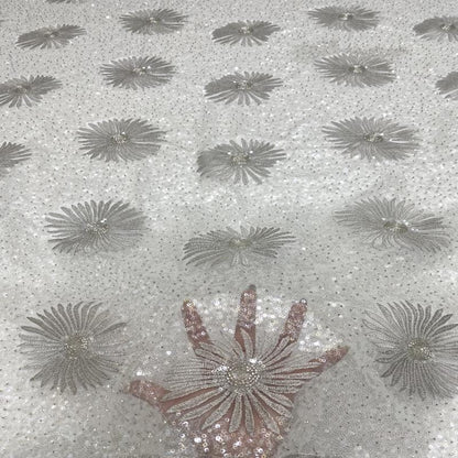 Daisy Beaded Sequin Embroidered Mesh Fabric, Sparkling Floral Textile for Evening Gowns, Dresses, Kidswear, Shoes, Bags and Hats
