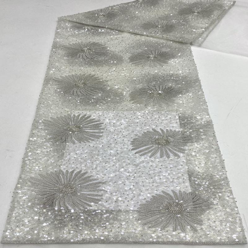 Daisy Beaded Sequin Embroidered Mesh Fabric, Sparkling Floral Textile for Evening Gowns, Dresses, Kidswear, Shoes, Bags and Hats