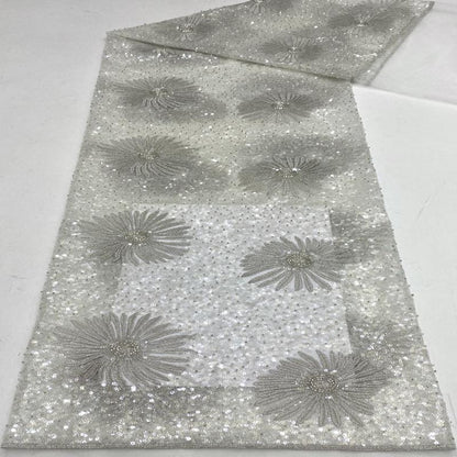 Daisy Beaded Sequin Embroidered Mesh Fabric, Sparkling Floral Textile for Evening Gowns, Dresses, Kidswear, Shoes, Bags and Hats