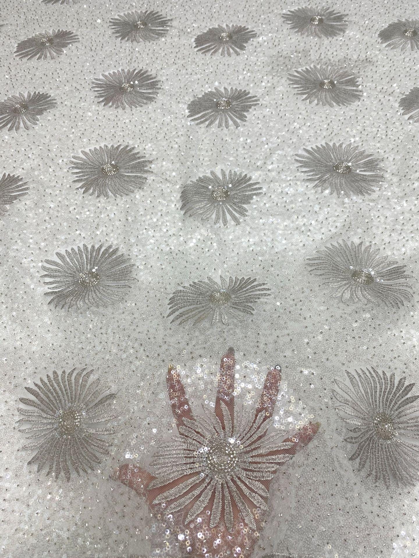 Daisy Beaded Sequin Embroidered Mesh Fabric, Sparkling Floral Textile for Evening Gowns, Dresses, Kidswear, Shoes, Bags and Hats