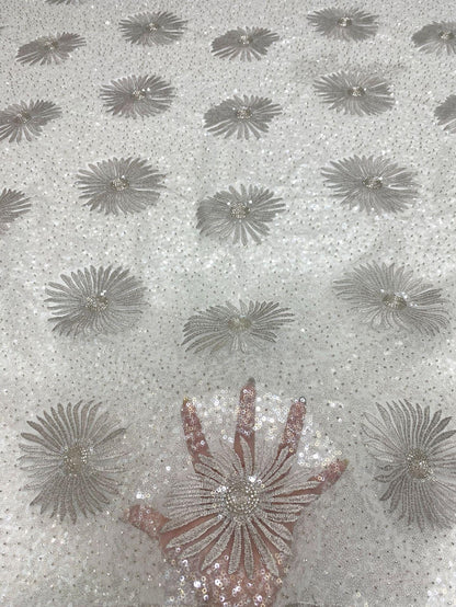 Daisy Beaded Sequin Embroidered Mesh Fabric, Sparkling Floral Textile for Evening Gowns, Dresses, Kidswear, Shoes, Bags and Hats