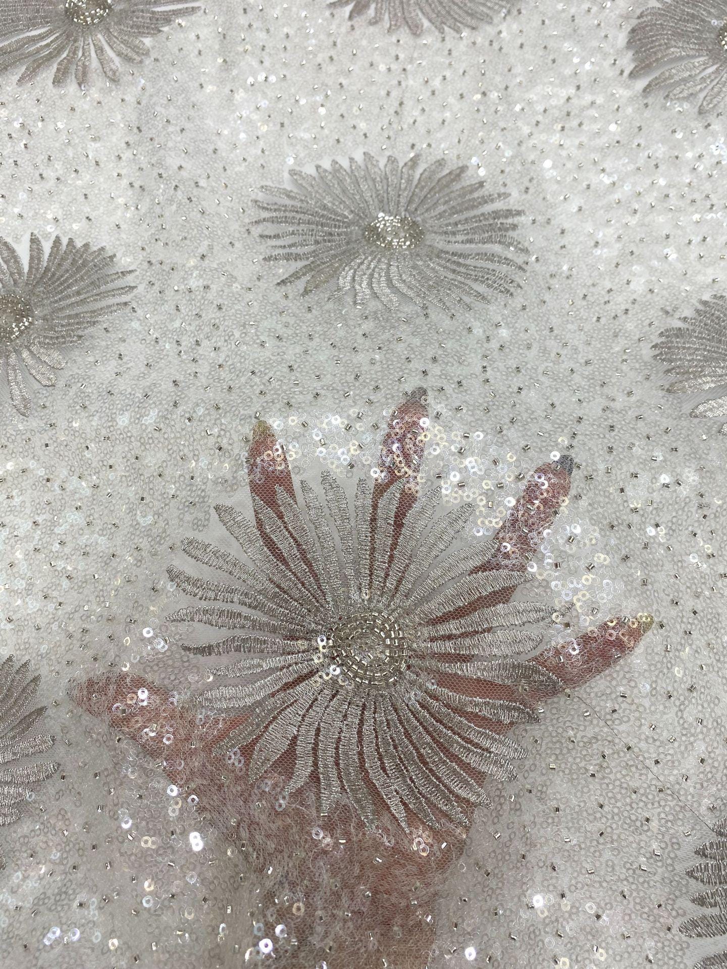 Daisy Beaded Sequin Embroidered Mesh Fabric, Sparkling Floral Textile for Evening Gowns, Dresses, Kidswear, Shoes, Bags and Hats