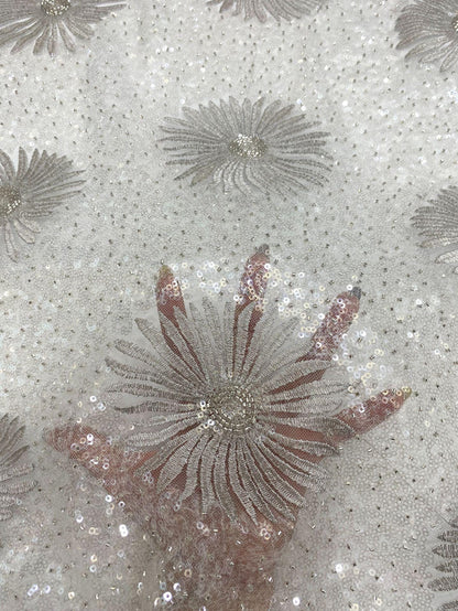 Daisy Beaded Sequin Embroidered Mesh Fabric, Sparkling Floral Textile for Evening Gowns, Dresses, Kidswear, Shoes, Bags and Hats