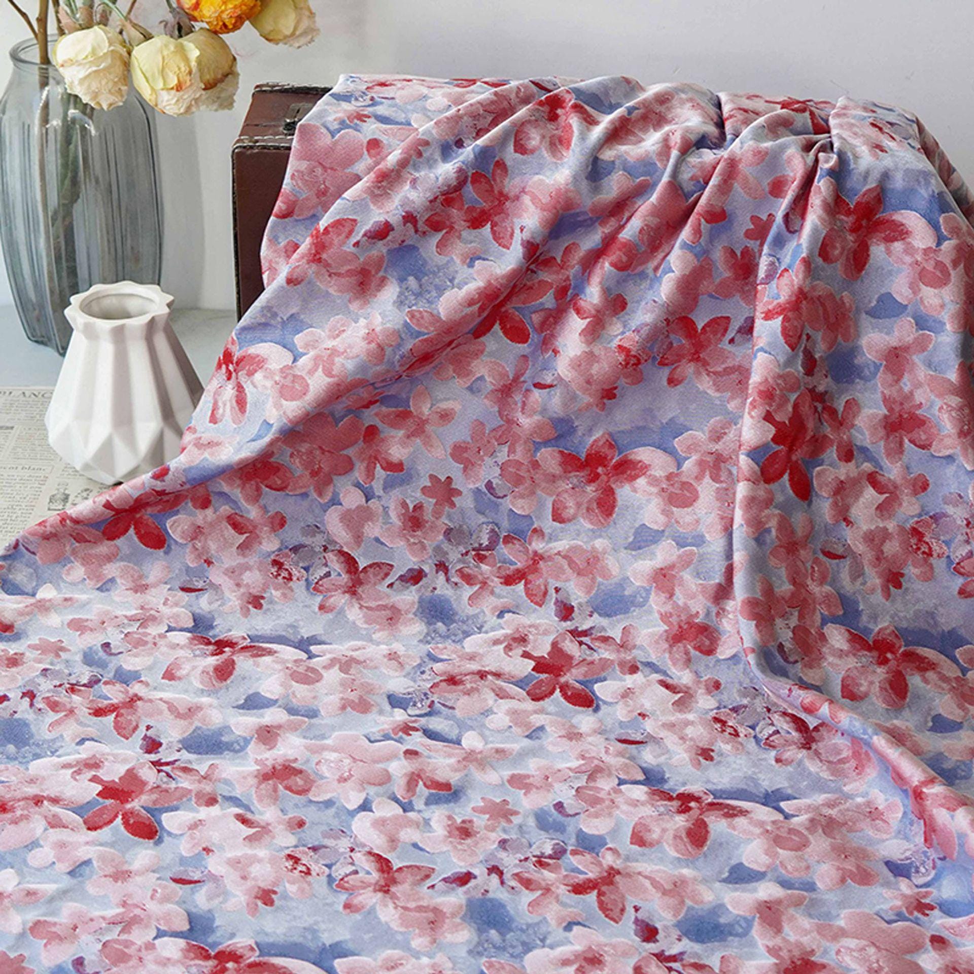 Blue Pink 3D Embossed Floral Yarn-Dyed Fabric, Soft Pastel Textured Textile for Dresses, Skirts, Jackets, Bags and Sewing - 62" Wide