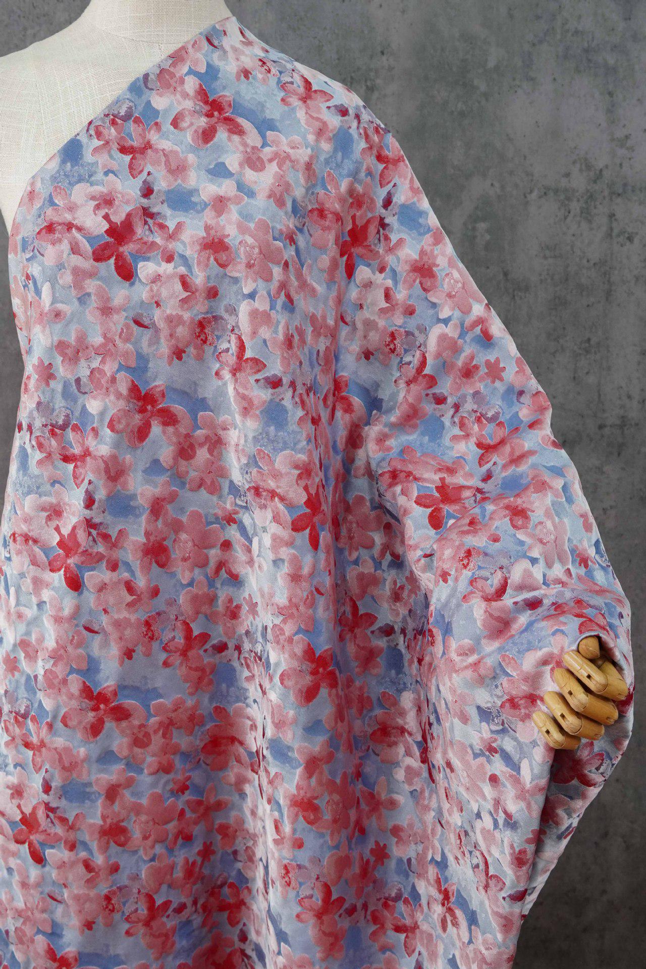 Blue Pink 3D Embossed Floral Yarn-Dyed Fabric, Soft Pastel Textured Textile for Dresses, Skirts, Jackets, Bags and Sewing - 62" Wide