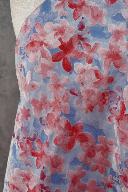 Blue Pink 3D Embossed Floral Yarn-Dyed Fabric, Soft Pastel Textured Textile for Dresses, Skirts, Jackets, Bags and Sewing - 62" Wide
