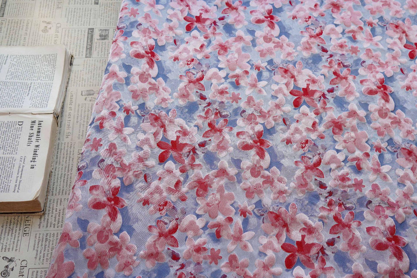 Blue Pink 3D Embossed Floral Yarn-Dyed Fabric, Soft Pastel Textured Textile for Dresses, Skirts, Jackets, Bags and Sewing - 62" Wide