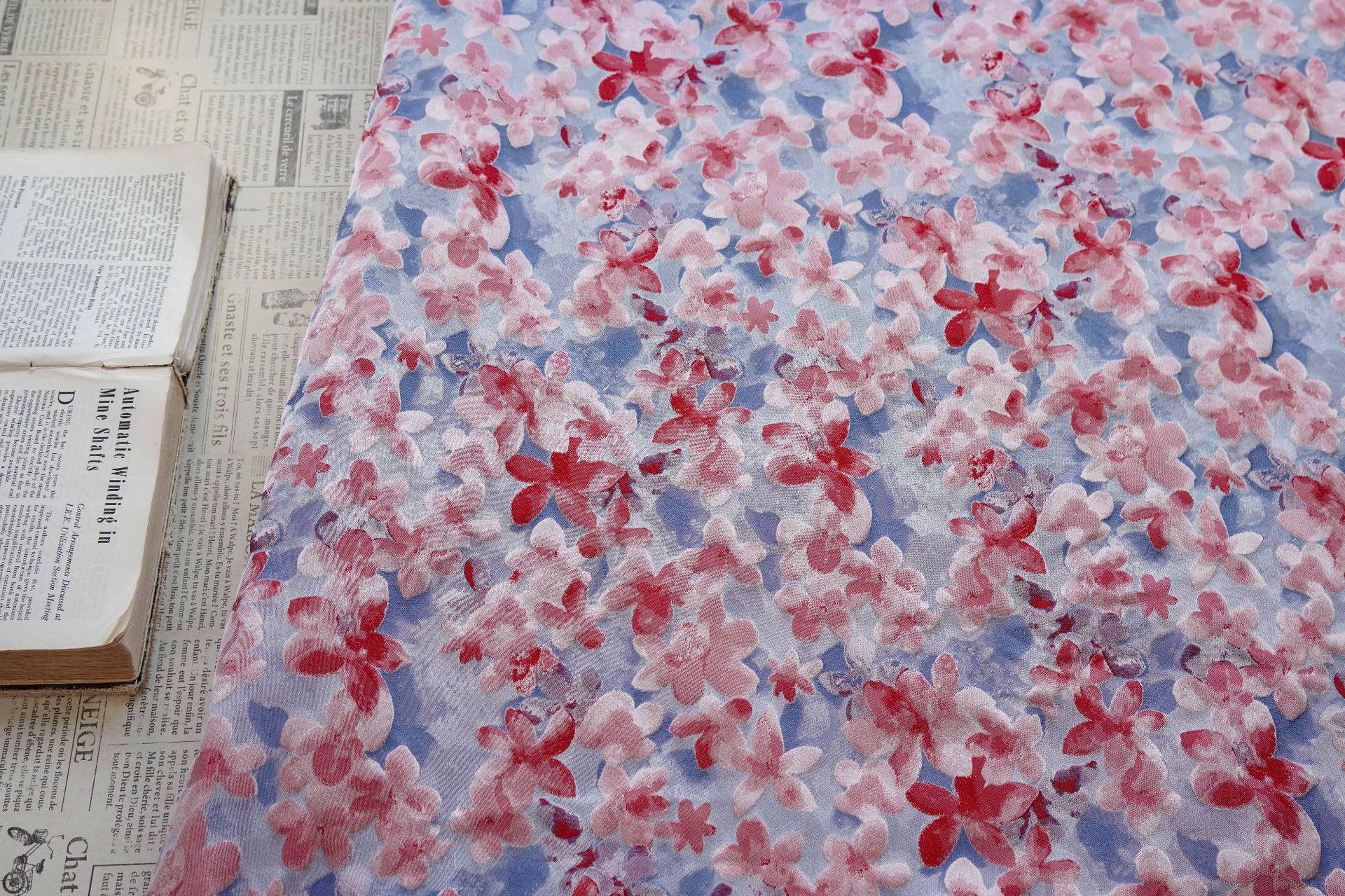Blue Pink 3D Embossed Floral Yarn-Dyed Fabric, Soft Pastel Textured Textile for Dresses, Skirts, Jackets, Bags and Sewing - 62" Wide