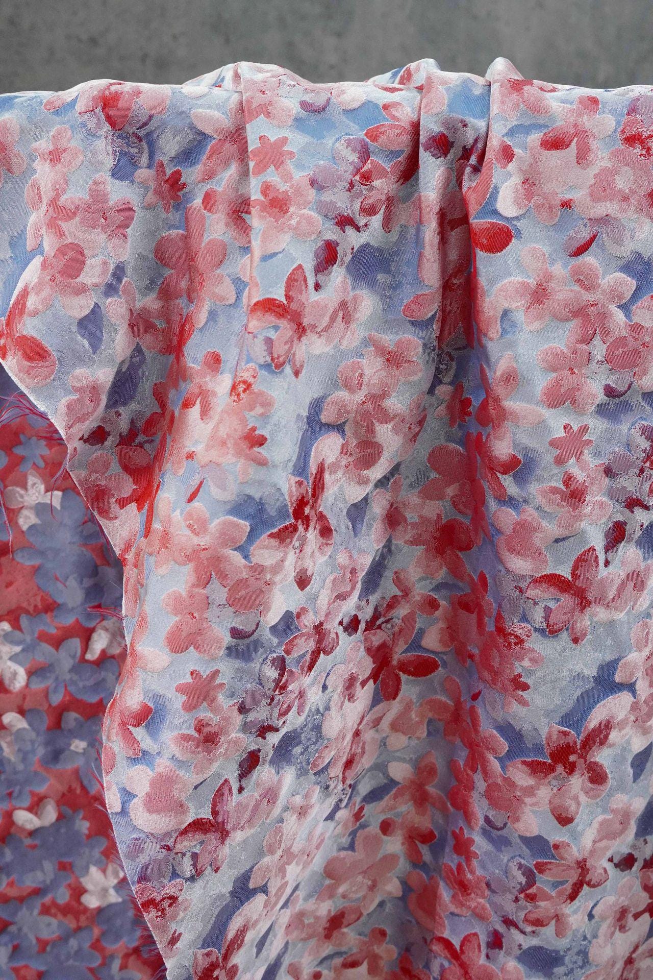 Blue Pink 3D Embossed Floral Yarn-Dyed Fabric, Soft Pastel Textured Textile for Dresses, Skirts, Jackets, Bags and Sewing - 62" Wide