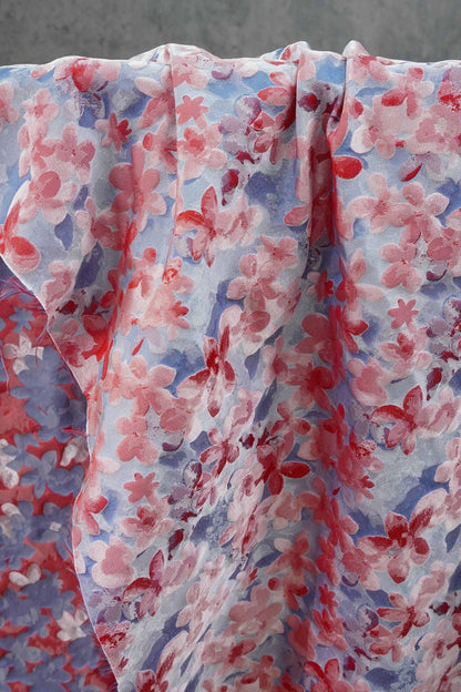 Blue Pink 3D Embossed Floral Yarn-Dyed Fabric, Soft Pastel Textured Textile for Dresses, Skirts, Jackets, Bags and Sewing - 62" Wide