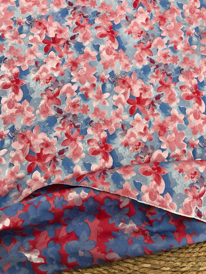Blue Pink 3D Embossed Floral Yarn-Dyed Fabric, Soft Pastel Textured Textile for Dresses, Skirts, Jackets, Bags and Sewing - 62" Wide