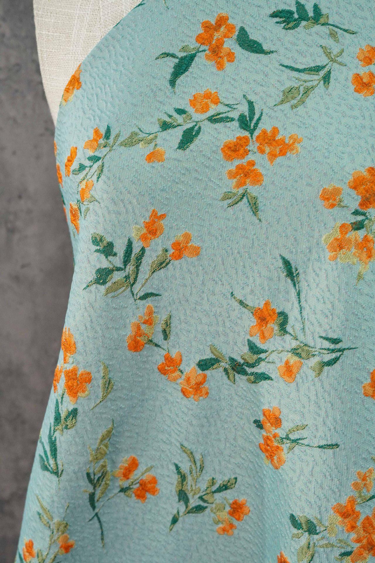 Teal 3D Embossed Small Floral Yarn-Dyed Fabric, Textured Woven Textile for Dresses, Jackets, Skirts, Bags and Sewing, 55" Wide