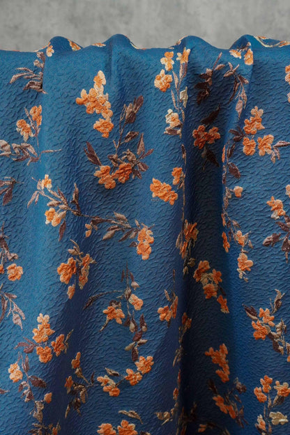 Teal 3D Embossed Small Floral Yarn-Dyed Fabric, Textured Woven Textile for Dresses, Jackets, Skirts, Bags and Sewing, 55" Wide