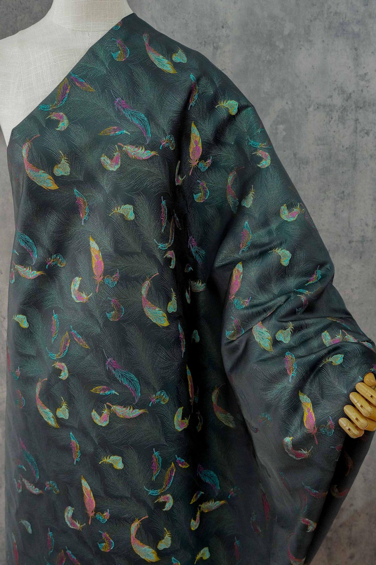 Iridescent Feather Song Brocade Fabric, Gold Thread Jacquard Textile, Dark Teal Woven Fabric for Qipao, Hanfu, Dresses and Sewing, 60"Wide