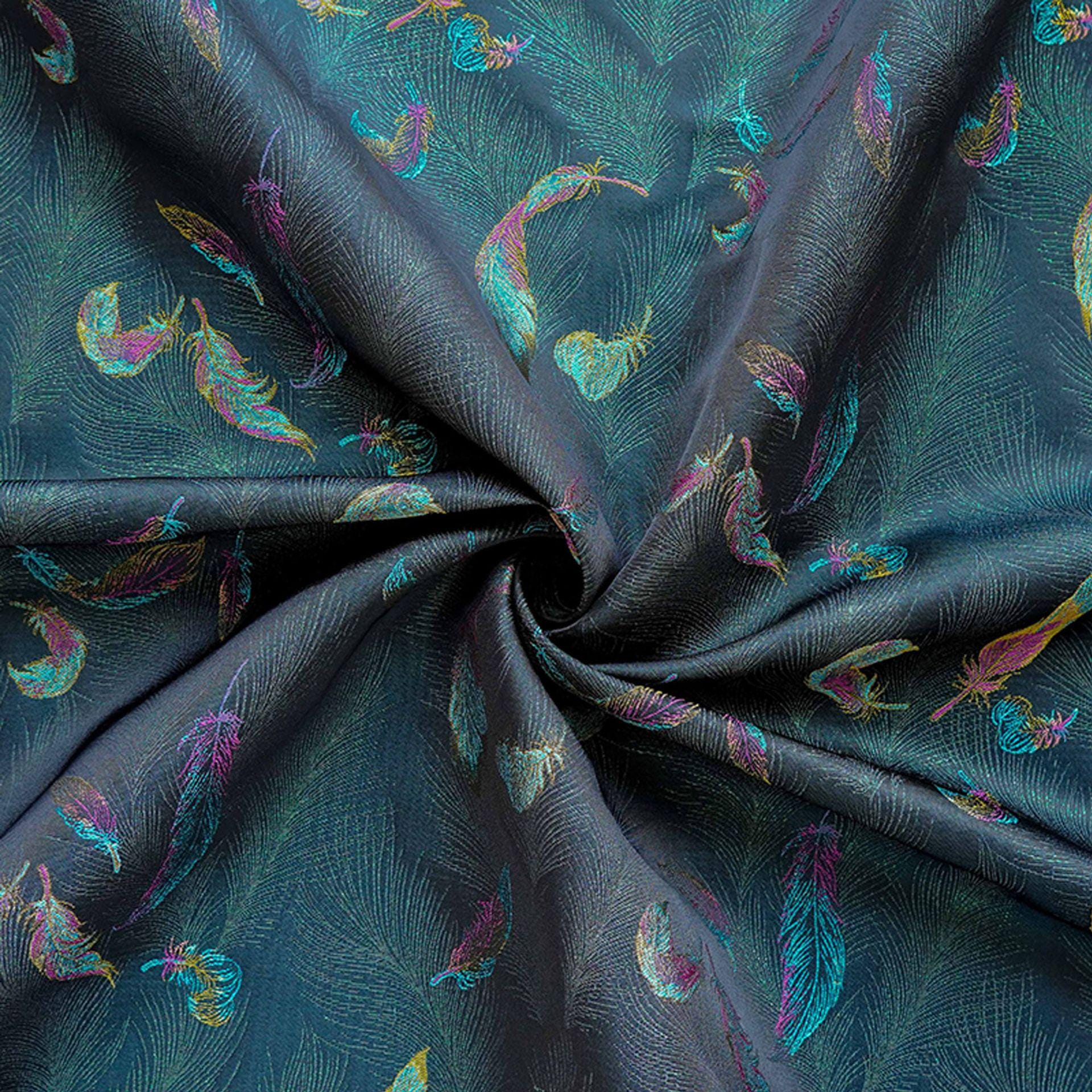 Iridescent Feather Song Brocade Fabric, Gold Thread Jacquard Textile, Dark Teal Woven Fabric for Qipao, Hanfu, Dresses and Sewing, 60"Wide