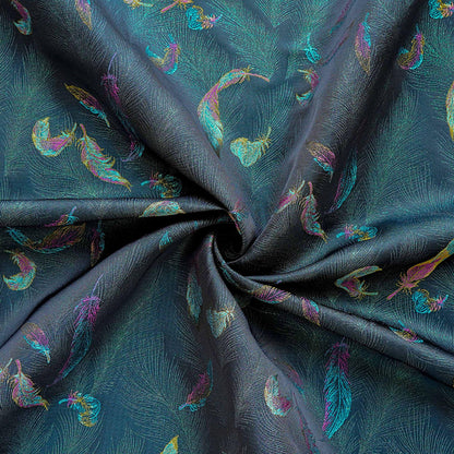 Iridescent Feather Song Brocade Fabric, Gold Thread Jacquard Textile, Dark Teal Woven Fabric for Qipao, Hanfu, Dresses and Sewing, 60"Wide