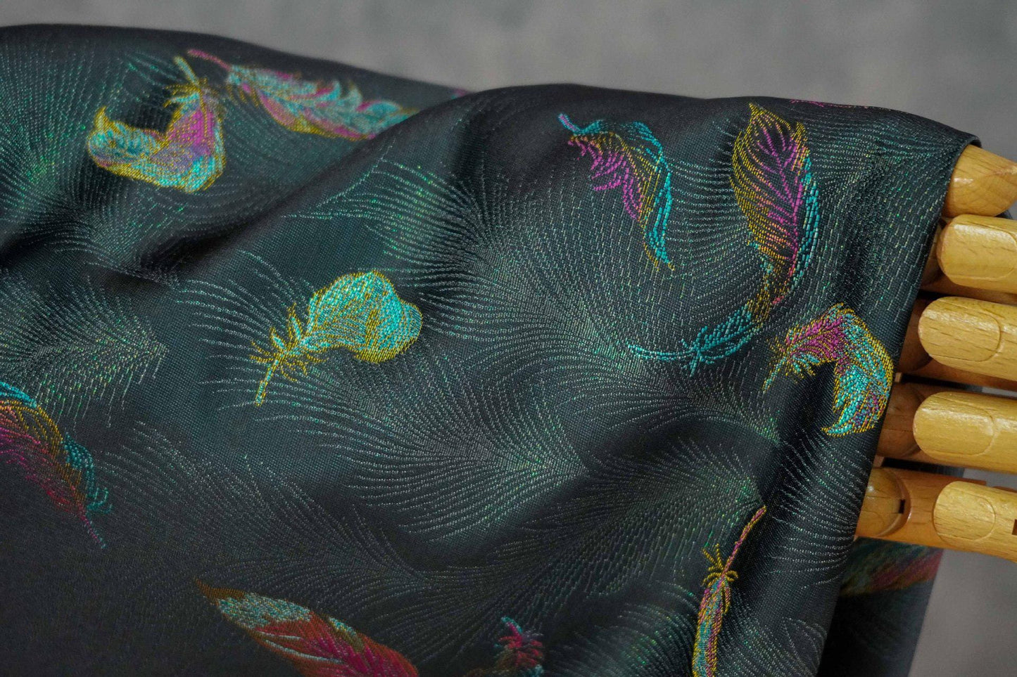 Iridescent Feather Song Brocade Fabric, Gold Thread Jacquard Textile, Dark Teal Woven Fabric for Qipao, Hanfu, Dresses and Sewing, 60"Wide