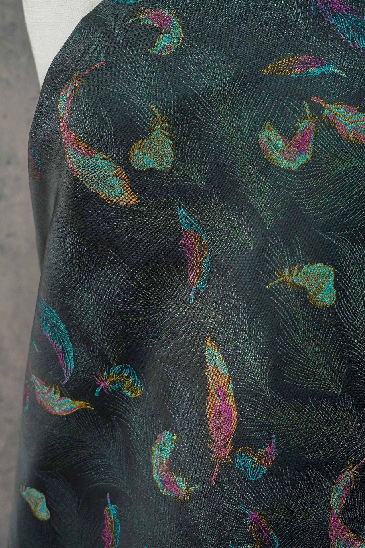 Iridescent Feather Song Brocade Fabric, Gold Thread Jacquard Textile, Dark Teal Woven Fabric for Qipao, Hanfu, Dresses and Sewing, 60"Wide