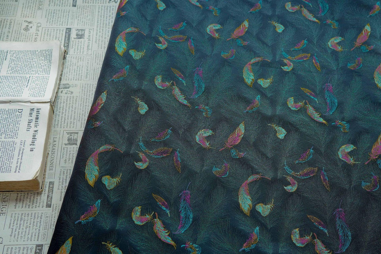 Iridescent Feather Song Brocade Fabric, Gold Thread Jacquard Textile, Dark Teal Woven Fabric for Qipao, Hanfu, Dresses and Sewing, 60"Wide