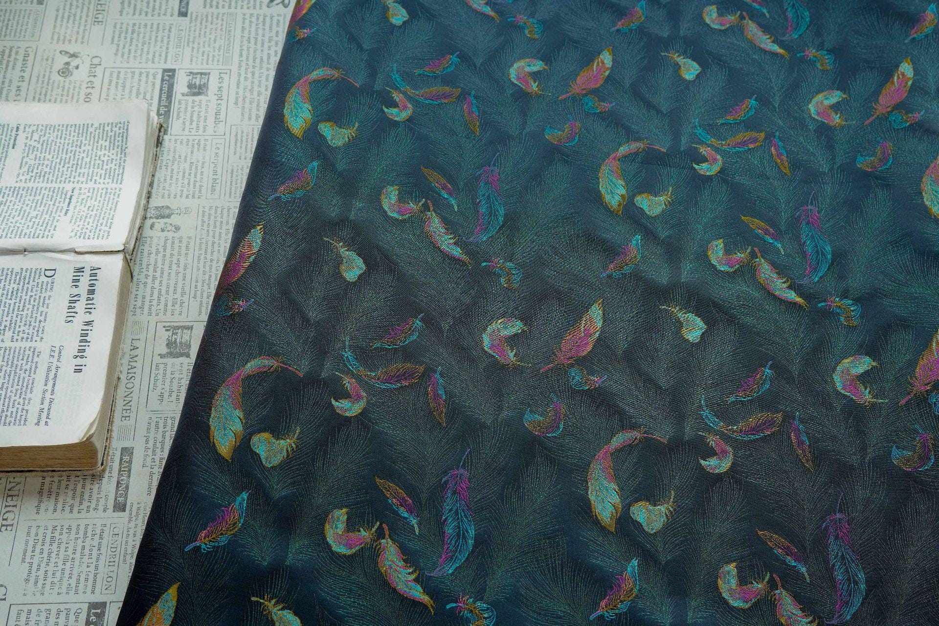 Iridescent Feather Song Brocade Fabric, Gold Thread Jacquard Textile, Dark Teal Woven Fabric for Qipao, Hanfu, Dresses and Sewing, 60"Wide