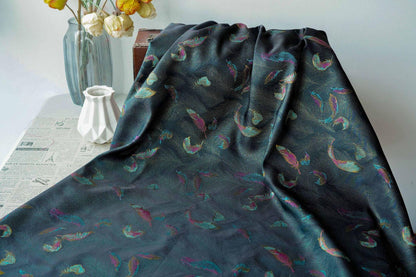 Iridescent Feather Song Brocade Fabric, Gold Thread Jacquard Textile, Dark Teal Woven Fabric for Qipao, Hanfu, Dresses and Sewing, 60"Wide