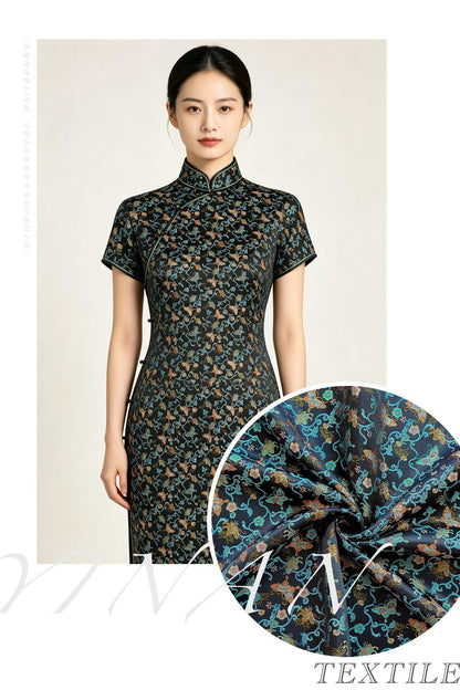 Butterfly Vine Song Brocade Fabric, Gold Thread Jacquard Textile for Qipao, Hanfu, Dresses, Bags and Sewing, 59"Wide