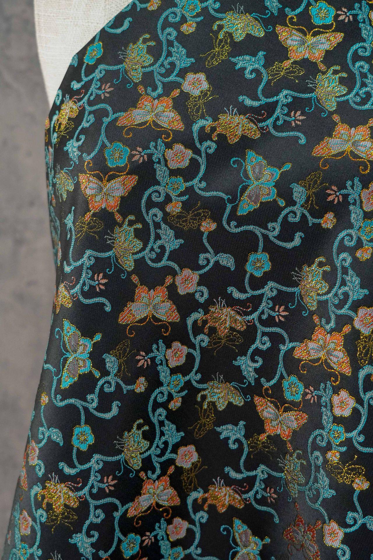 Butterfly Vine Song Brocade Fabric, Gold Thread Jacquard Textile for Qipao, Hanfu, Dresses, Bags and Sewing, 59"Wide