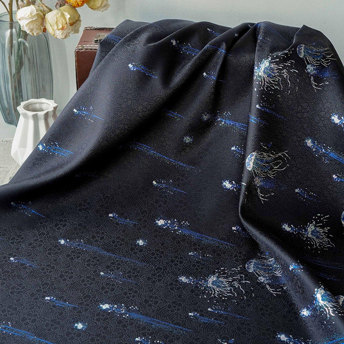 Silver Blue Jellyfish Song Brocade Fabric, Dark Jacquard Textile with Subtle Woven Pattern for Qipao, Hanfu, Dresses and Sewing, 59"Wide