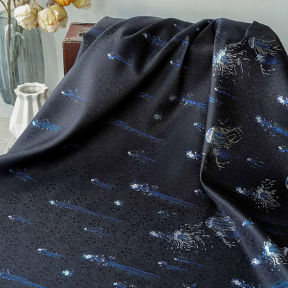Silver Blue Jellyfish Song Brocade Fabric, Dark Jacquard Textile with Subtle Woven Pattern for Qipao, Hanfu, Dresses and Sewing, 59"Wide