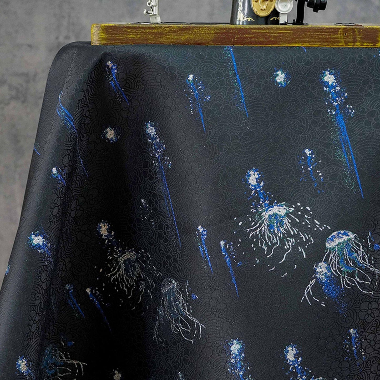 Silver Blue Jellyfish Song Brocade Fabric, Dark Jacquard Textile with Subtle Woven Pattern for Qipao, Hanfu, Dresses and Sewing, 59"Wide