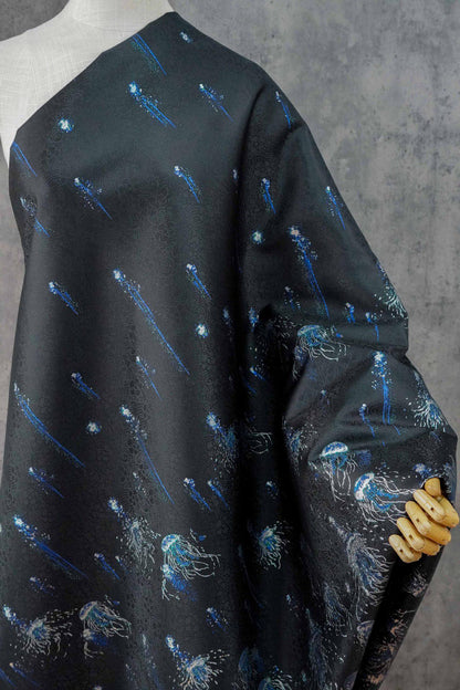 Silver Blue Jellyfish Song Brocade Fabric, Dark Jacquard Textile with Subtle Woven Pattern for Qipao, Hanfu, Dresses and Sewing, 59"Wide