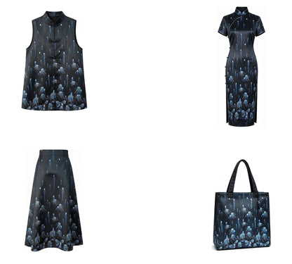 Silver Blue Jellyfish Song Brocade Fabric, Dark Jacquard Textile with Subtle Woven Pattern for Qipao, Hanfu, Dresses and Sewing, 59"Wide