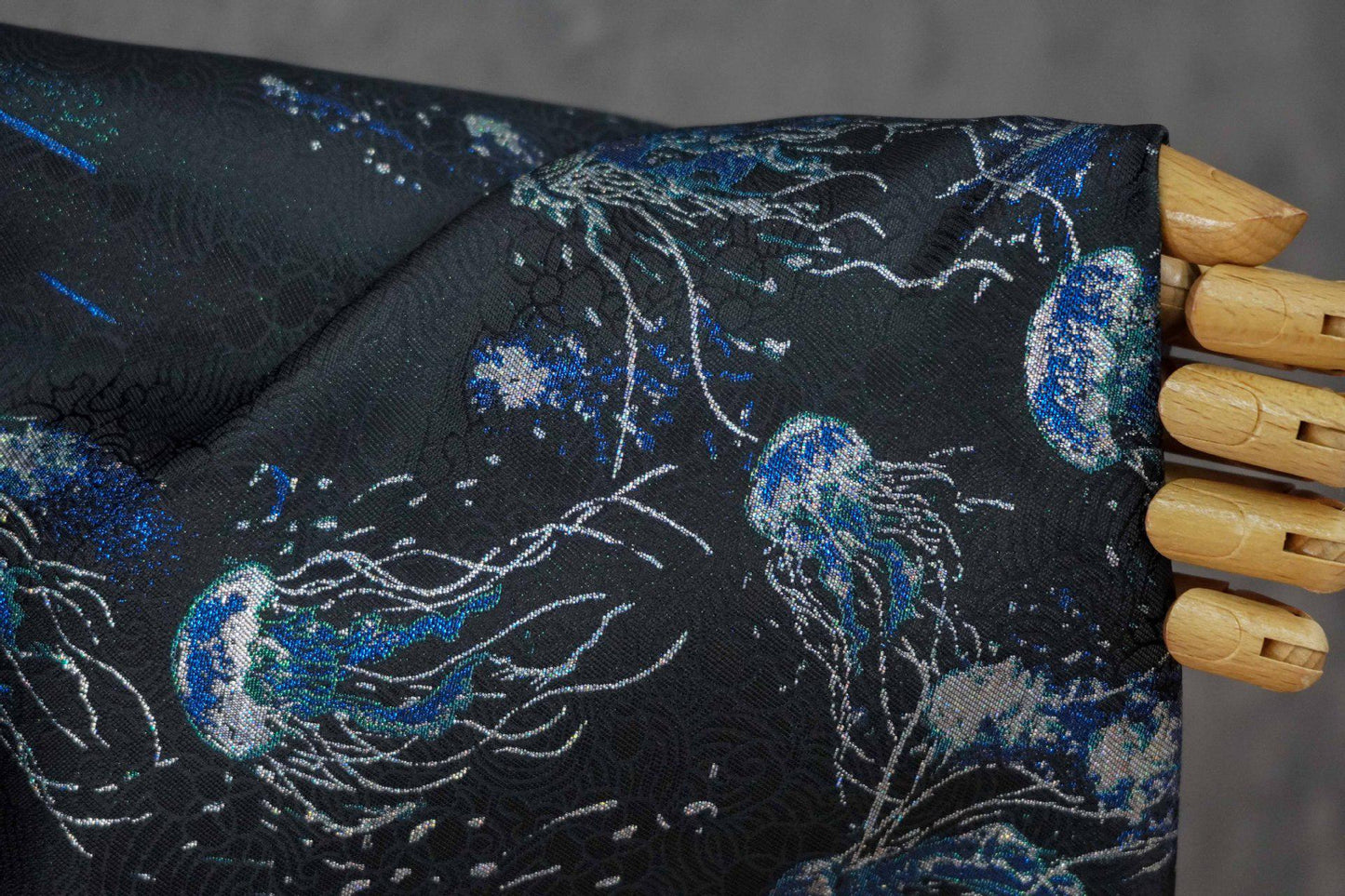 Silver Blue Jellyfish Song Brocade Fabric, Dark Jacquard Textile with Subtle Woven Pattern for Qipao, Hanfu, Dresses and Sewing, 59"Wide