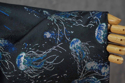 Silver Blue Jellyfish Song Brocade Fabric, Dark Jacquard Textile with Subtle Woven Pattern for Qipao, Hanfu, Dresses and Sewing, 59"Wide