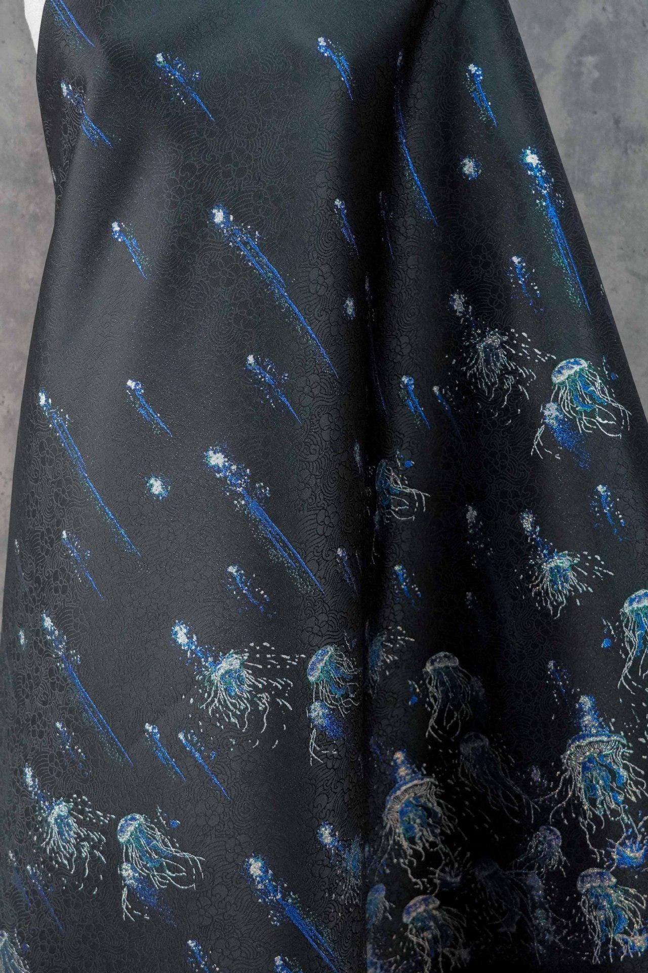 Silver Blue Jellyfish Song Brocade Fabric, Dark Jacquard Textile with Subtle Woven Pattern for Qipao, Hanfu, Dresses and Sewing, 59"Wide