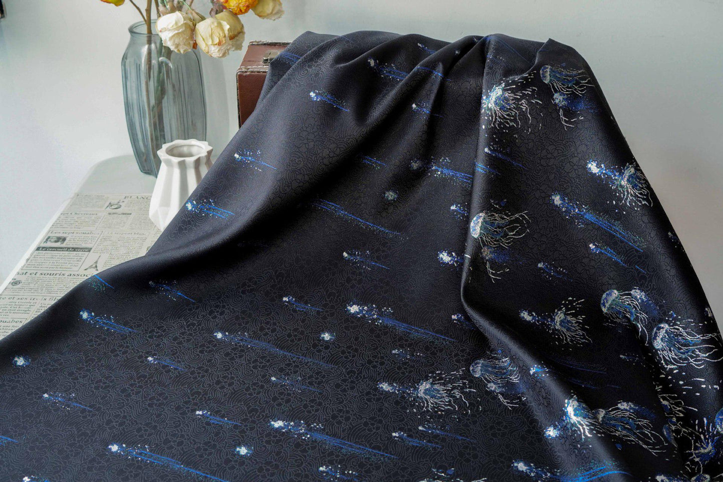 Silver Blue Jellyfish Song Brocade Fabric, Dark Jacquard Textile with Subtle Woven Pattern for Qipao, Hanfu, Dresses and Sewing, 59"Wide