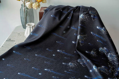 Silver Blue Jellyfish Song Brocade Fabric, Dark Jacquard Textile with Subtle Woven Pattern for Qipao, Hanfu, Dresses and Sewing, 59"Wide