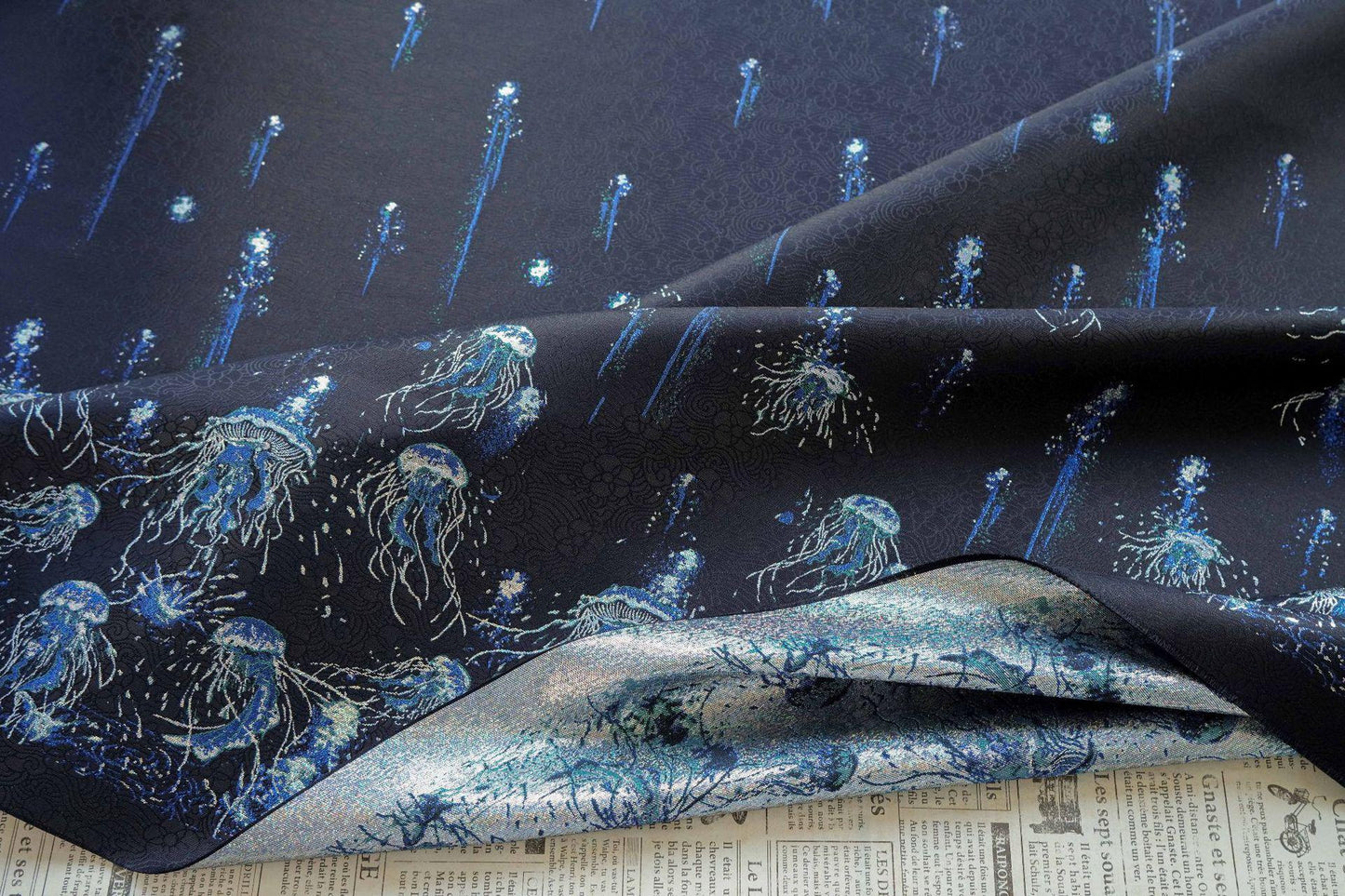 Silver Blue Jellyfish Song Brocade Fabric, Dark Jacquard Textile with Subtle Woven Pattern for Qipao, Hanfu, Dresses and Sewing, 59"Wide