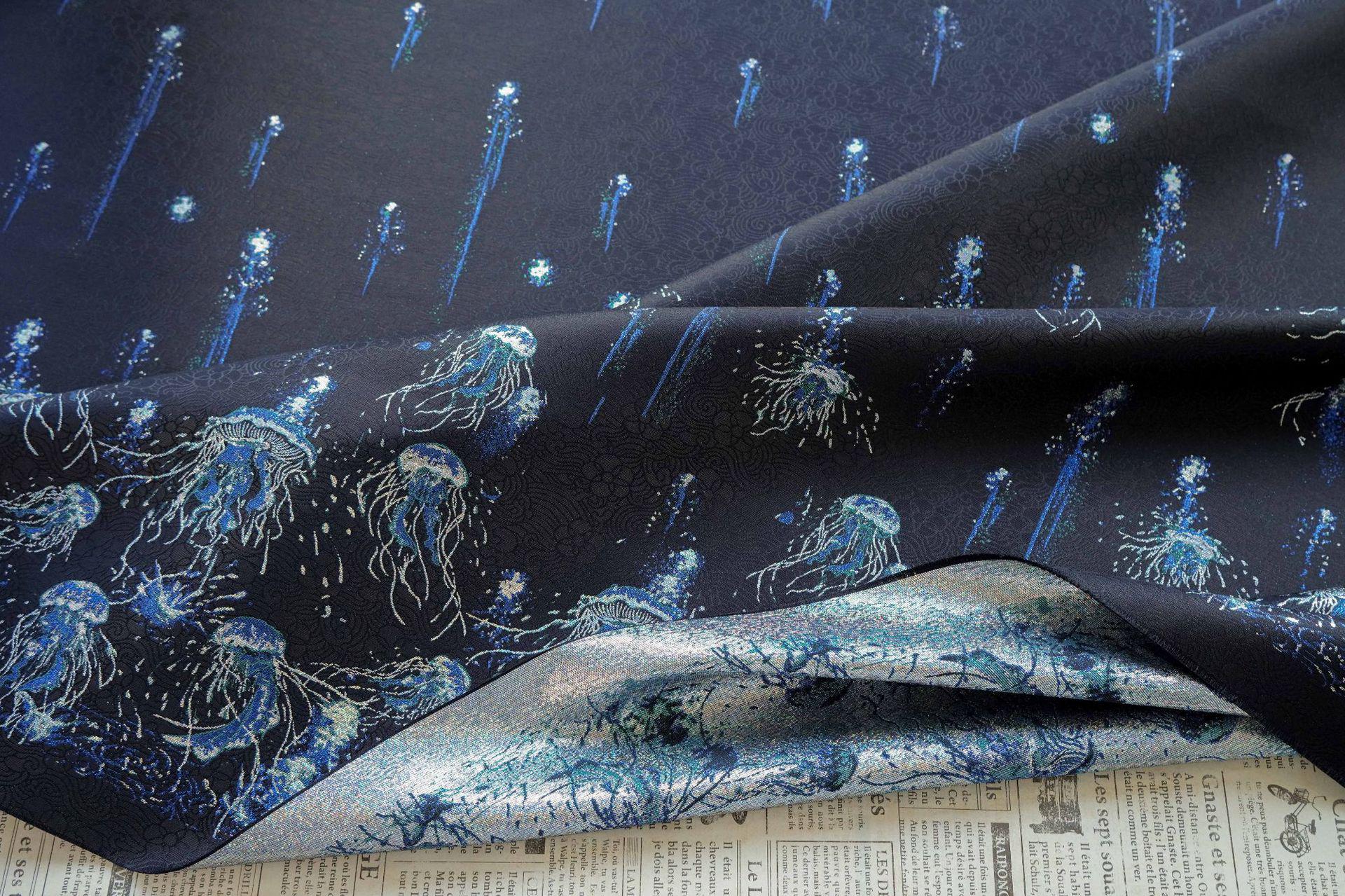 Silver Blue Jellyfish Song Brocade Fabric, Dark Jacquard Textile with Subtle Woven Pattern for Qipao, Hanfu, Dresses and Sewing, 59"Wide