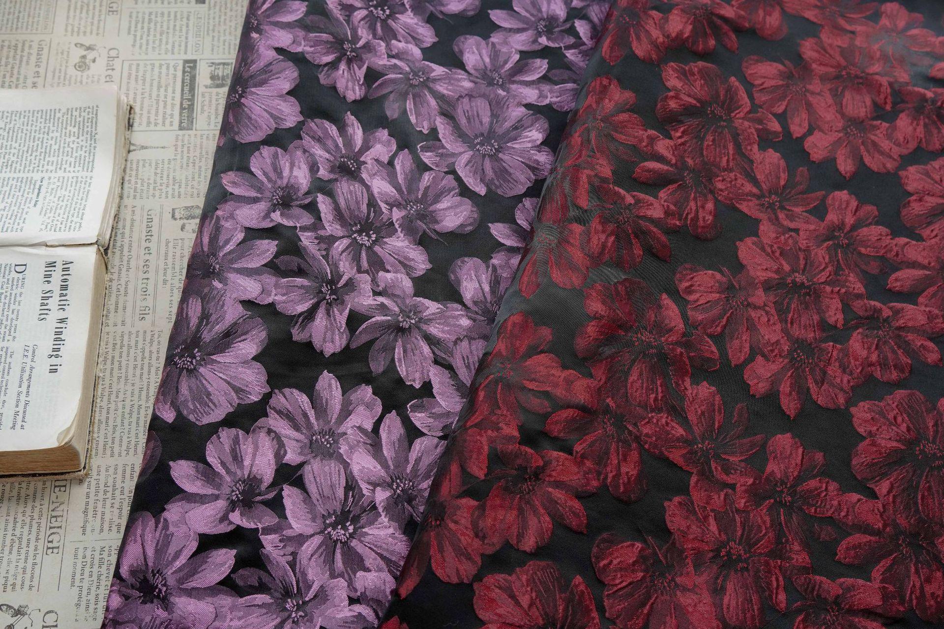 Vintage-Style 3D Embossed Floral Fabric, Black Large Flower Textile, 2 Colors for Wedding Dress, Gown, Fashion and Sewing, 65"wide