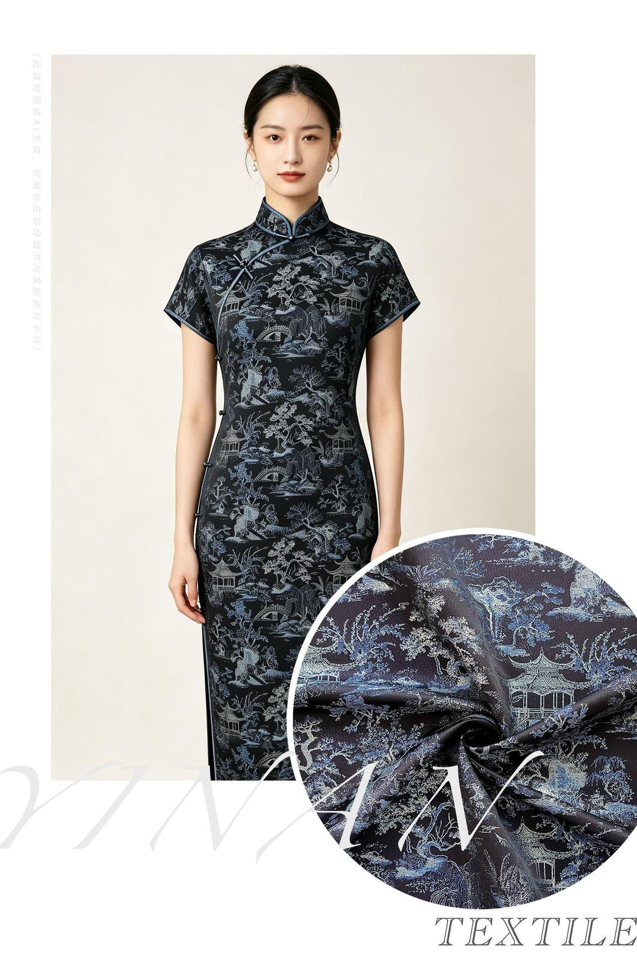Black Blue Pavilion Landscape Song Brocade Fabric, Yarn-Dyed Jacquard Textile for Qipao, Jackets, Bags, Decor and Sewing, 59"Wide
