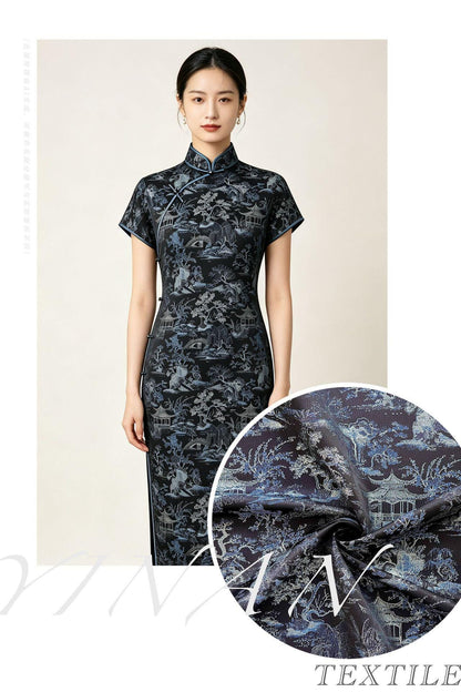 Black Blue Pavilion Landscape Song Brocade Fabric, Yarn-Dyed Jacquard Textile for Qipao, Jackets, Bags, Decor and Sewing, 59"Wide