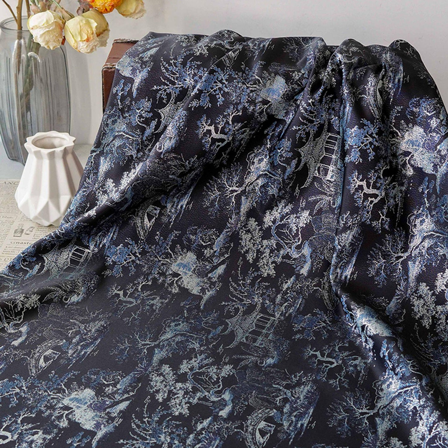 Black Blue Pavilion Landscape Song Brocade Fabric, Yarn-Dyed Jacquard Textile for Qipao, Jackets, Bags, Decor and Sewing, 59"Wide