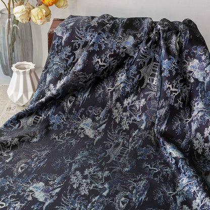 Black Blue Pavilion Landscape Song Brocade Fabric, Yarn-Dyed Jacquard Textile for Qipao, Jackets, Bags, Decor and Sewing, 59"Wide