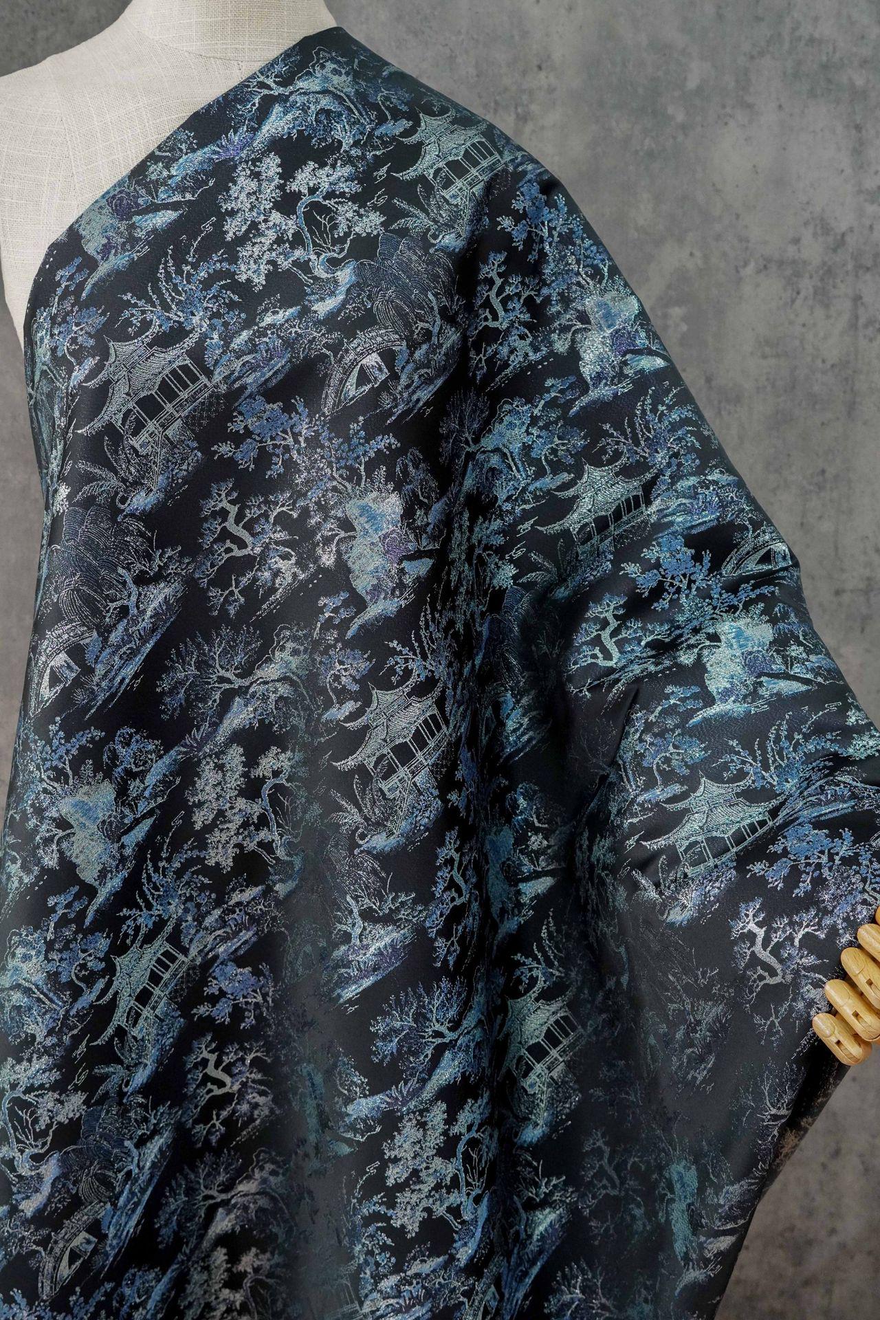 Black Blue Pavilion Landscape Song Brocade Fabric, Yarn-Dyed Jacquard Textile for Qipao, Jackets, Bags, Decor and Sewing, 59"Wide