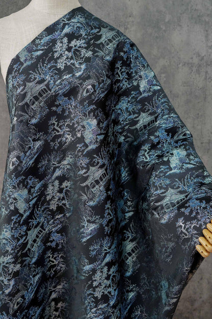 Black Blue Pavilion Landscape Song Brocade Fabric, Yarn-Dyed Jacquard Textile for Qipao, Jackets, Bags, Decor and Sewing, 59"Wide