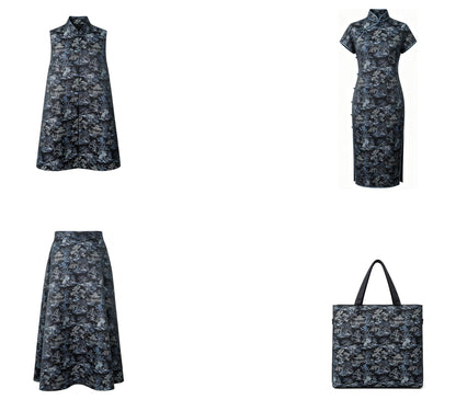 Black Blue Pavilion Landscape Song Brocade Fabric, Yarn-Dyed Jacquard Textile for Qipao, Jackets, Bags, Decor and Sewing, 59"Wide