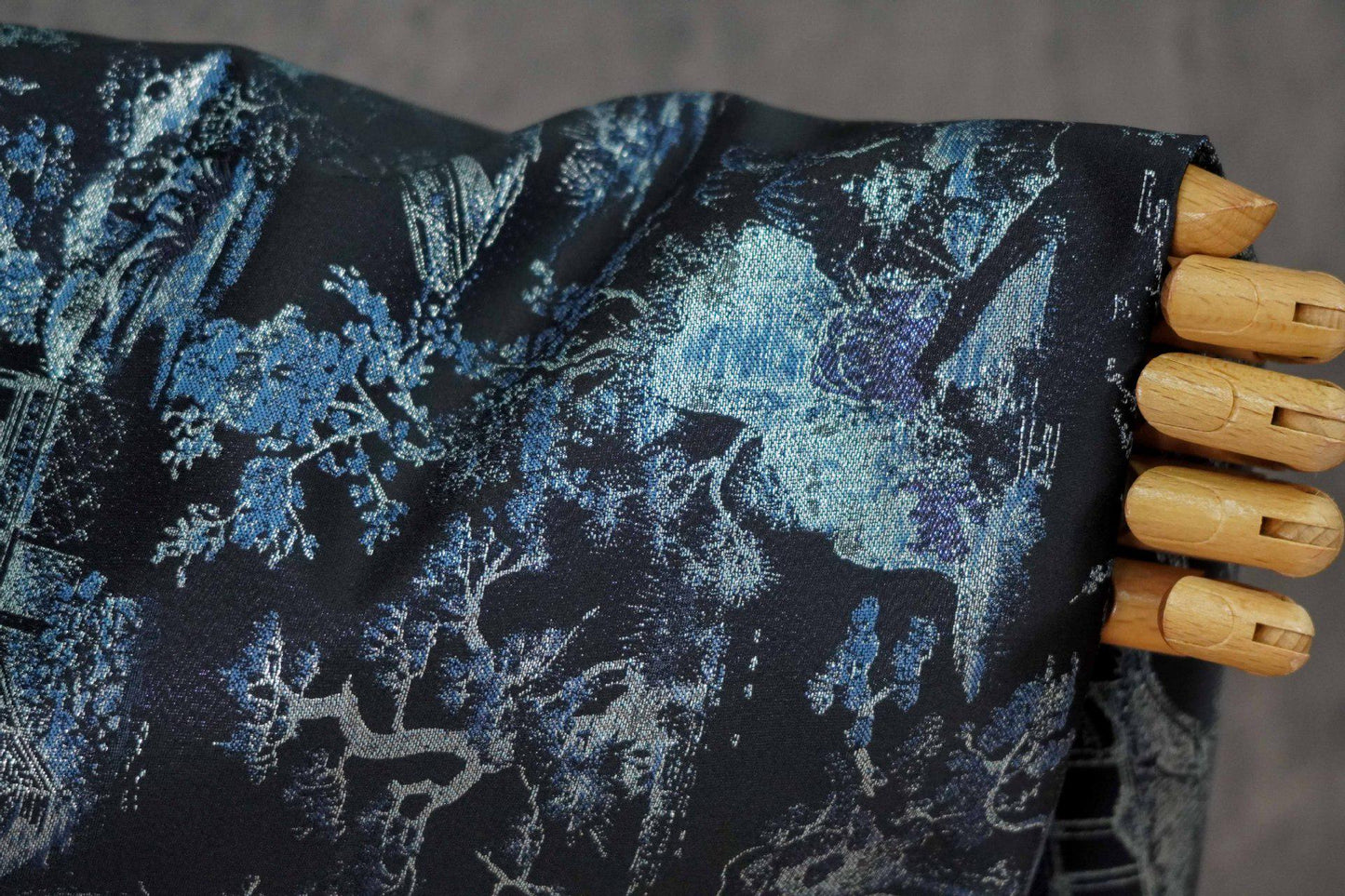 Black Blue Pavilion Landscape Song Brocade Fabric, Yarn-Dyed Jacquard Textile for Qipao, Jackets, Bags, Decor and Sewing, 59"Wide